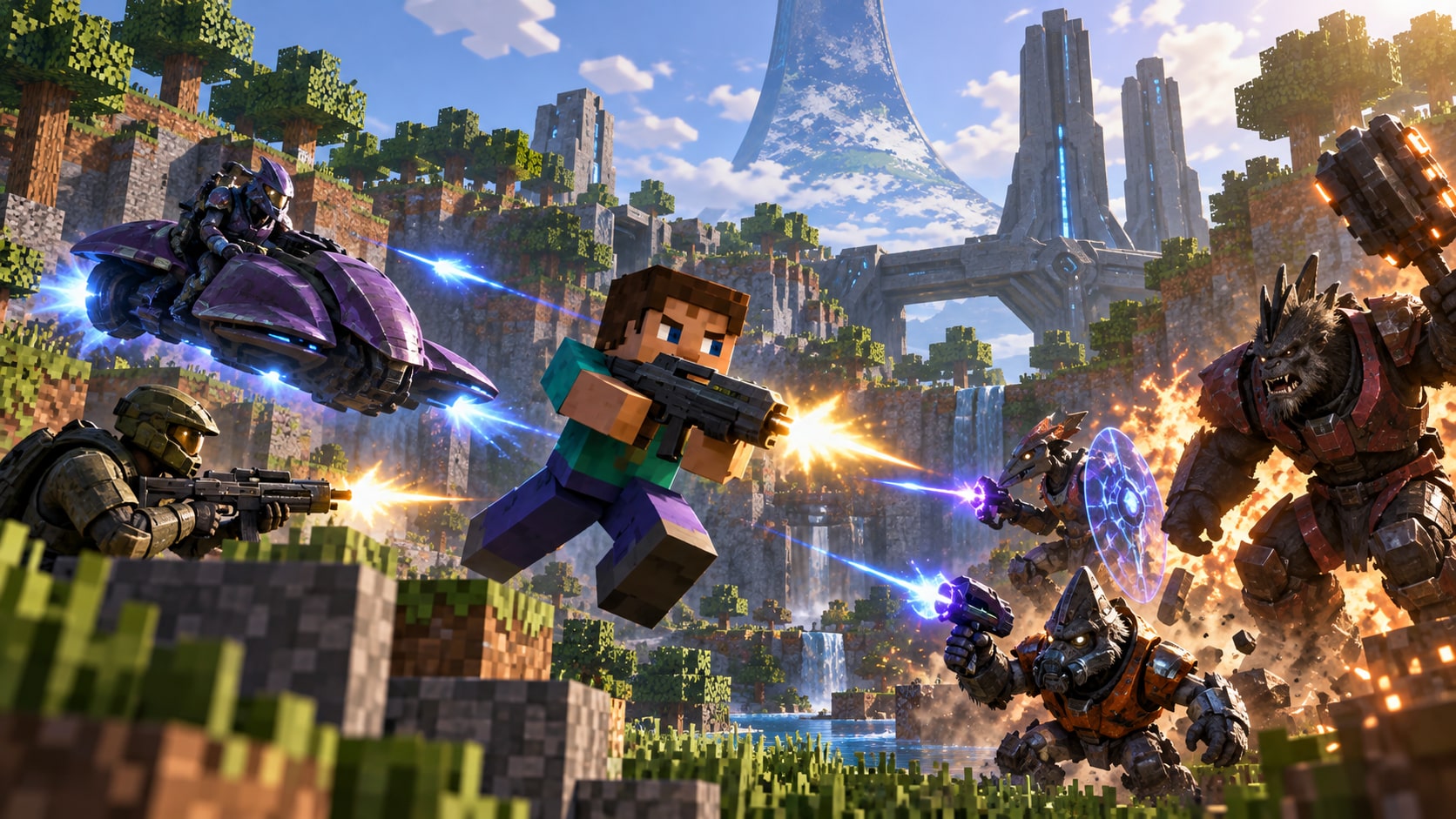 Concept artwork of Steve and Master Chief battling Covenant forces in a Minecraft landscape.